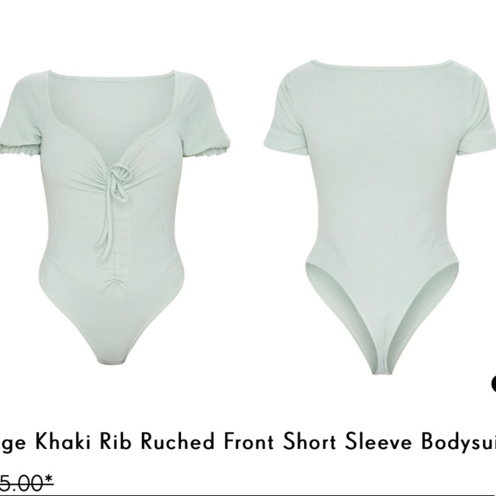 PrettyLittleThing Sage Khaki Rib Ruched Front Short Sleeve Bodysuit